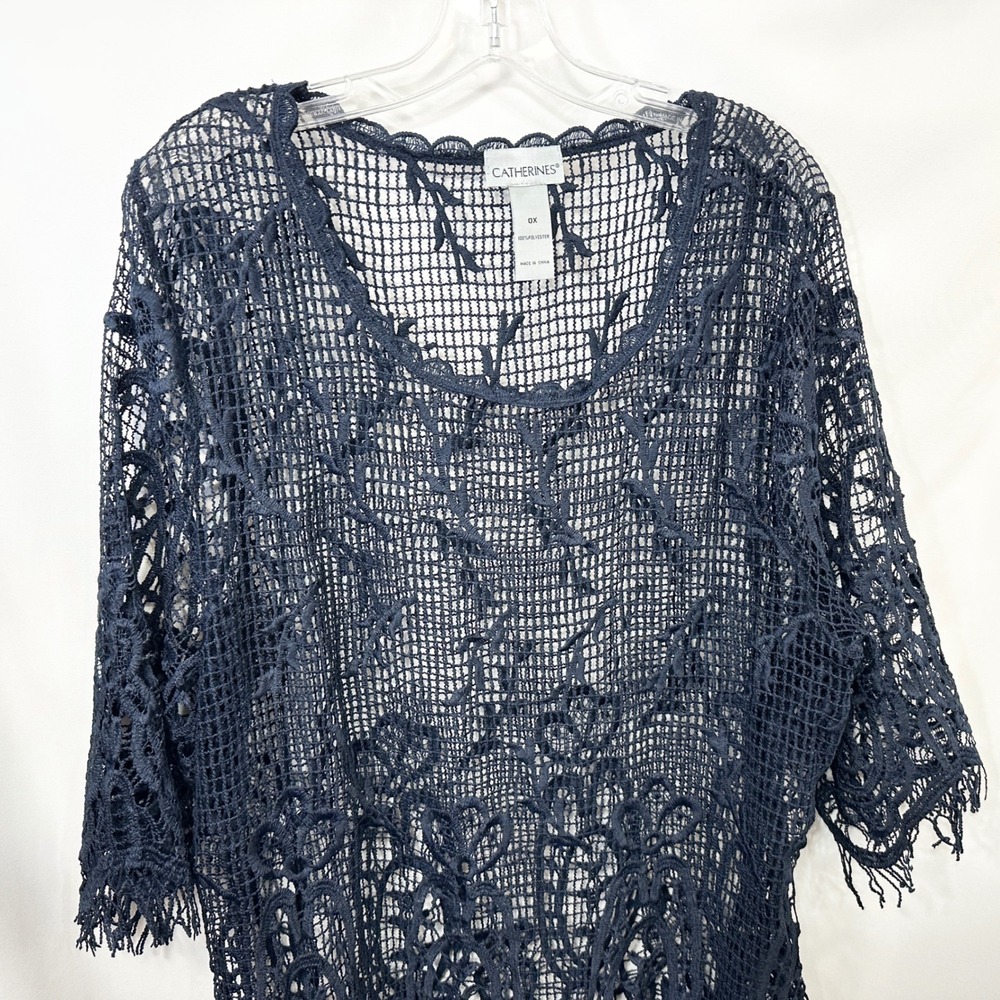 Catherines Plus Size 0X Lace Top Navy Blue Crochet Tunic Boho Witchy Gothic 179 - Picture 3 of 8